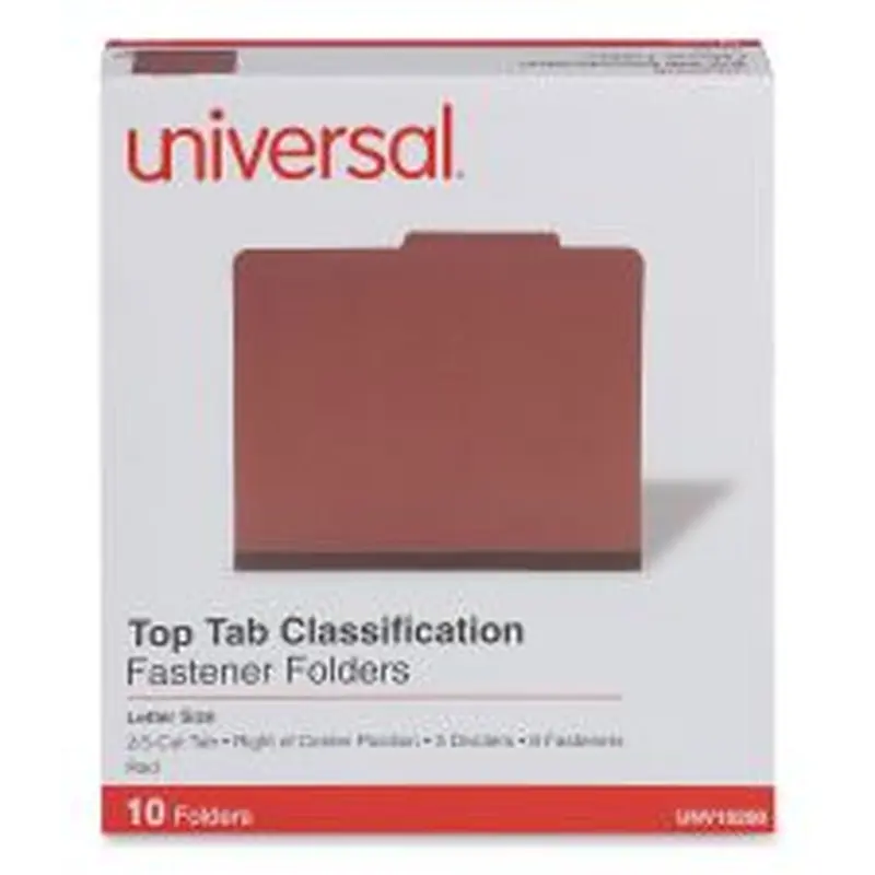 Universal Eight-Section Pressboard Classification Folders, 3" Expansion, 3 Dividers, 8 Fasteners, Letter Size, Red Exterior, 10/Box