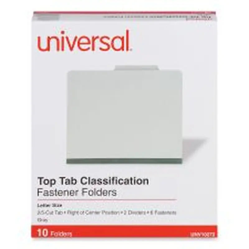 Universal Six-Section Pressboard Classification Folders, 2" Expansion, 2 Dividers, 6 Fasteners, Letter Size, Gray Exterior, 10/Box