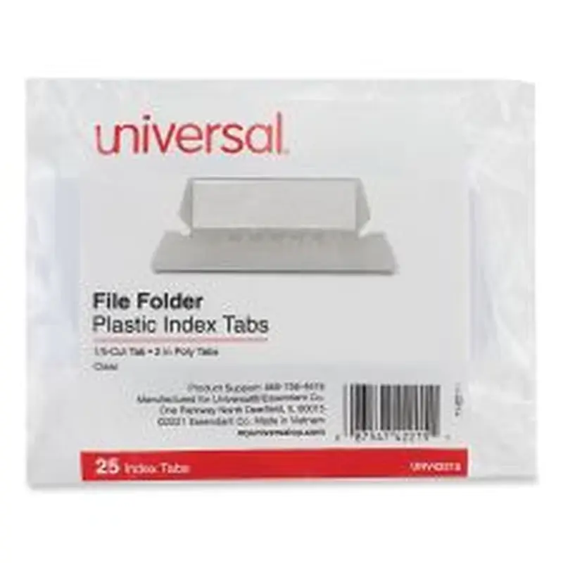 Universal Hanging File Folder Plastic Index Tabs, 1/5-Cut, Clear, 2.25" Wide, 25/Pack
