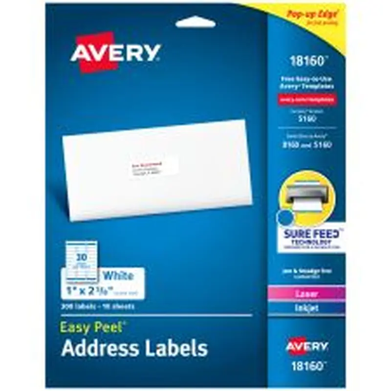 Avery Easy Peel Address Labels With Sure Feed Technology, 18160, Rectangle, 1" x 2-5/8", Matte White, Pack Of 300