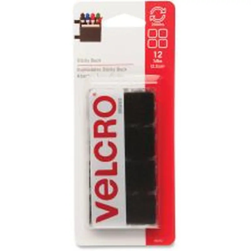 VELCRO Brand Sticky Back Squares, 0.88"W x 0.88"L, Black, Pack Of 12
