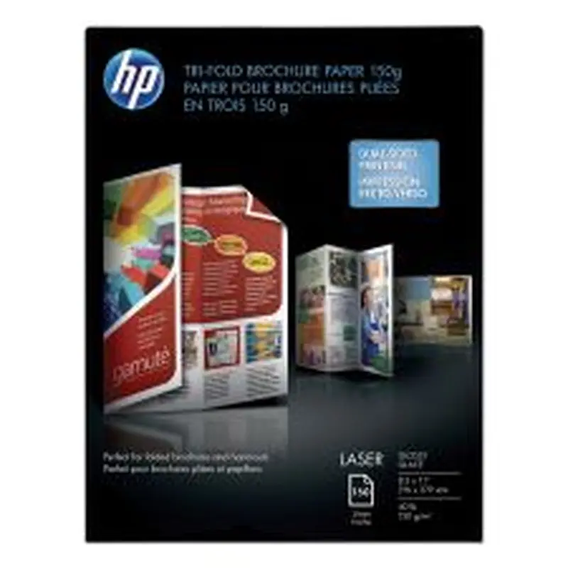 HP Laser Glossy Tri-Fold Brochure Paper, 97 Bright, 40 lb Bond Weight, 8.5 x 11, White, 150/Pack