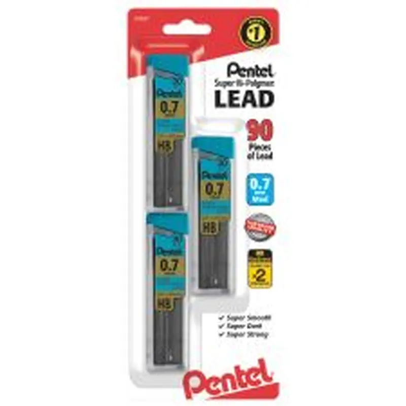 Pentel Super Hi-Polymer Leads, 0.7 mm, Medium, HB, 30 Leads Per Tube, Pack Of 3 Tubes