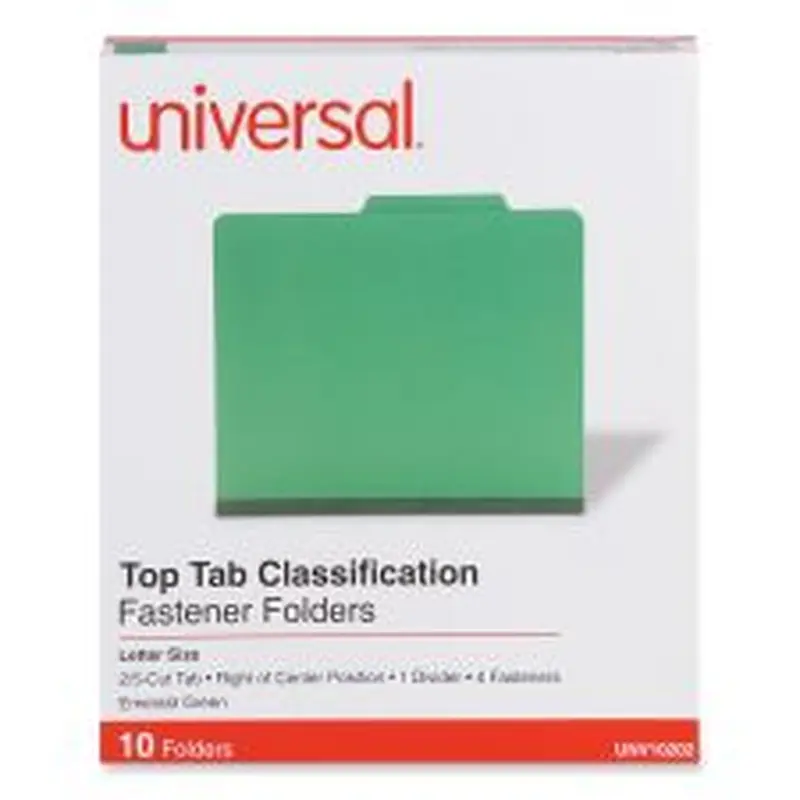Universal Bright Colored Pressboard Classification Folders, 2" Expansion, 1 Divider, 4 Fasteners, Letter Size, Emerald Green, 10/Box
