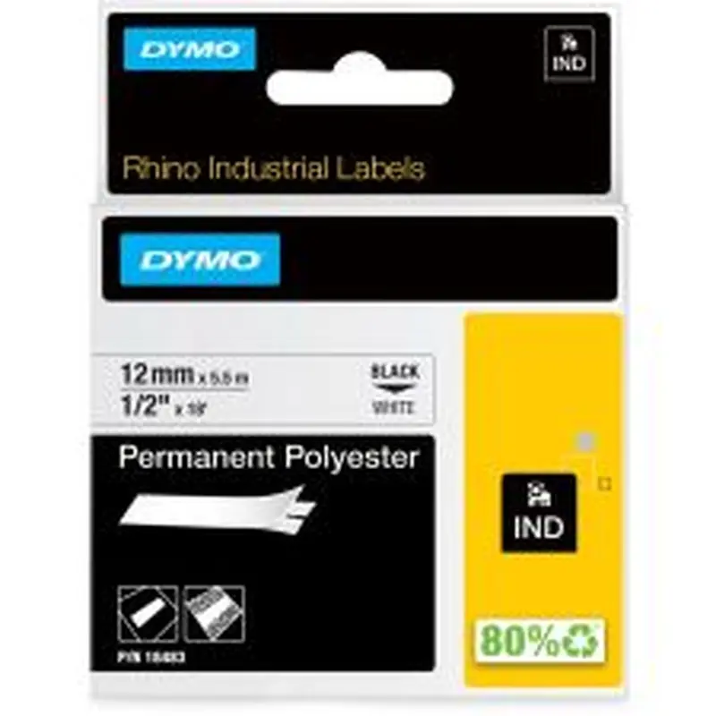 DYMO Rhino 18483 Polyester Industrial Black-On-White Label Tape, 0.5" x 18'