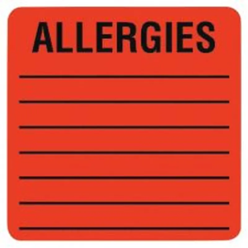 Tabbies Allergy Labels, TAB40560, 2" x 2" Square, Flourescent Red, Roll of 500
