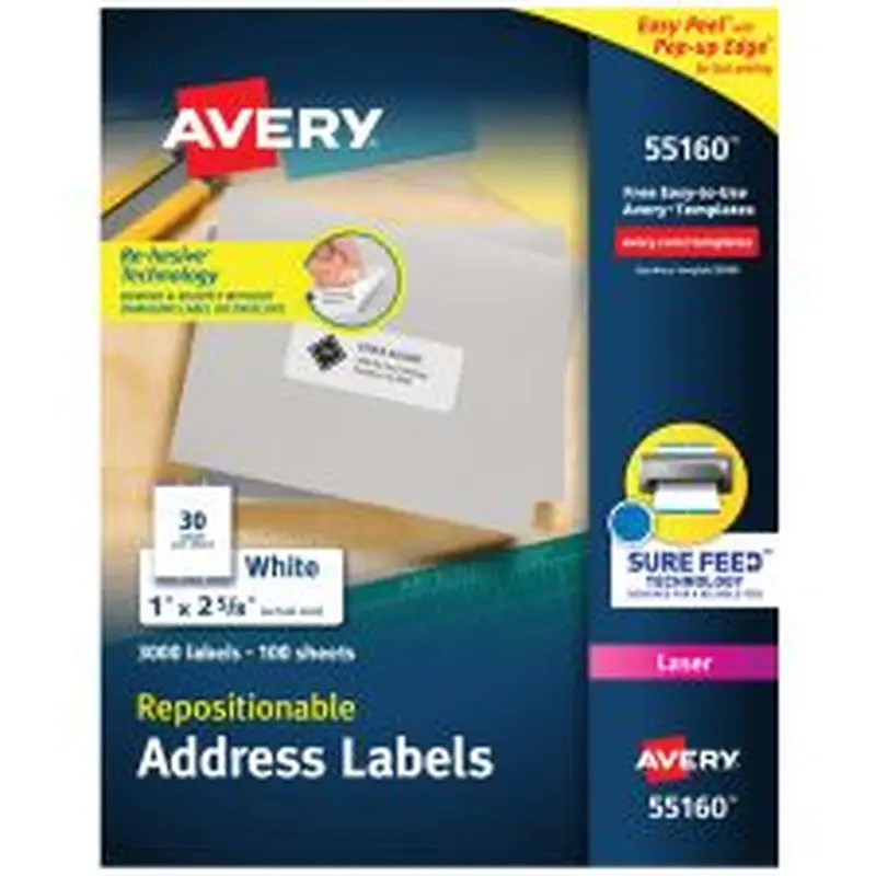 Avery Repositionable Address Labels, 55160, Rectangle, 1" x 2-5/8", White, Pack Of 3,000