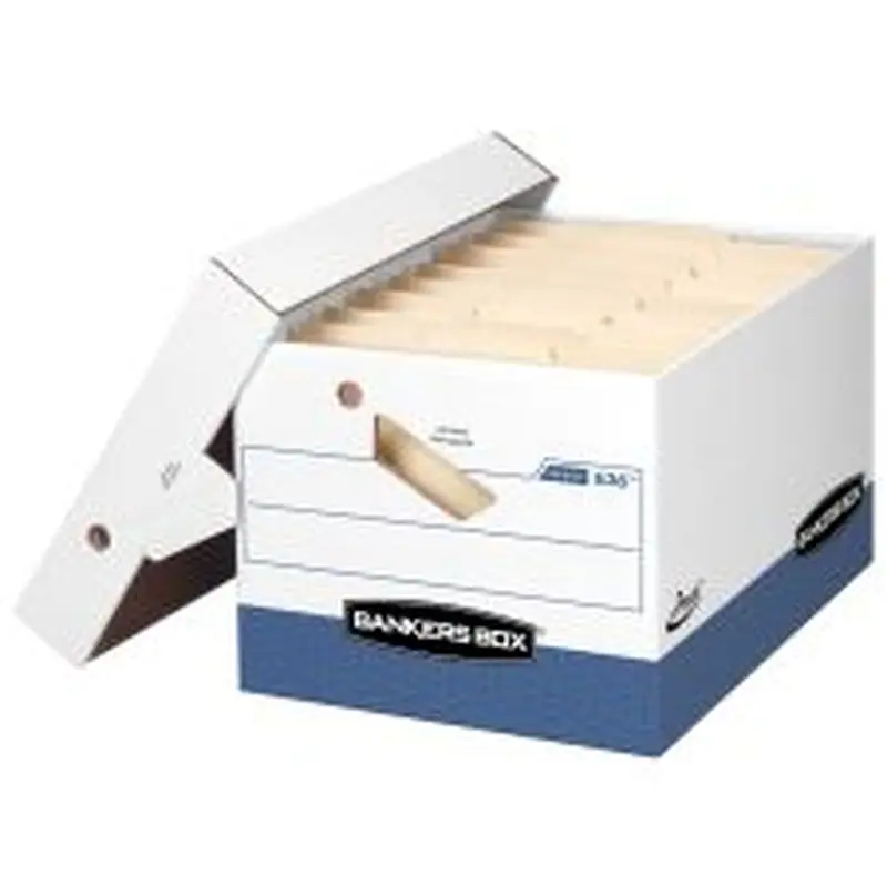 Bankers Box Presto Heavy-Duty Storage Boxes, Letter/Legal Size, 15" x 12" x 10", White/Blue, Case Of 12 - 63601