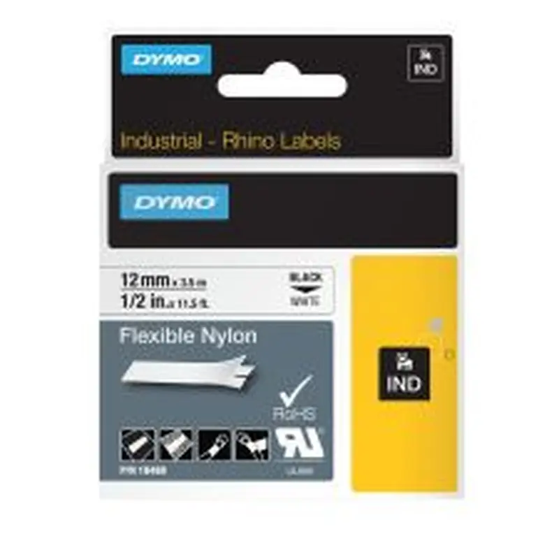 DYMO Rhino 18488 Black-On-White Tape, 0.5" x 11.5'
