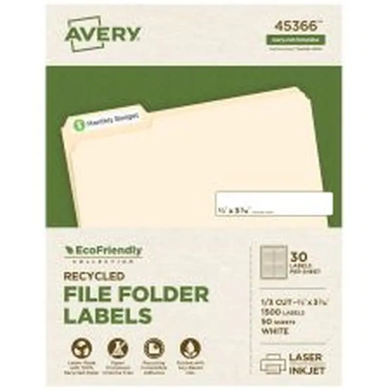 Avery Easy Peel EcoFriendly Permanent File Folder Labels, 45366, 2/3" x 3 7/16", 100% Recycled, White, Pack Of 1,500