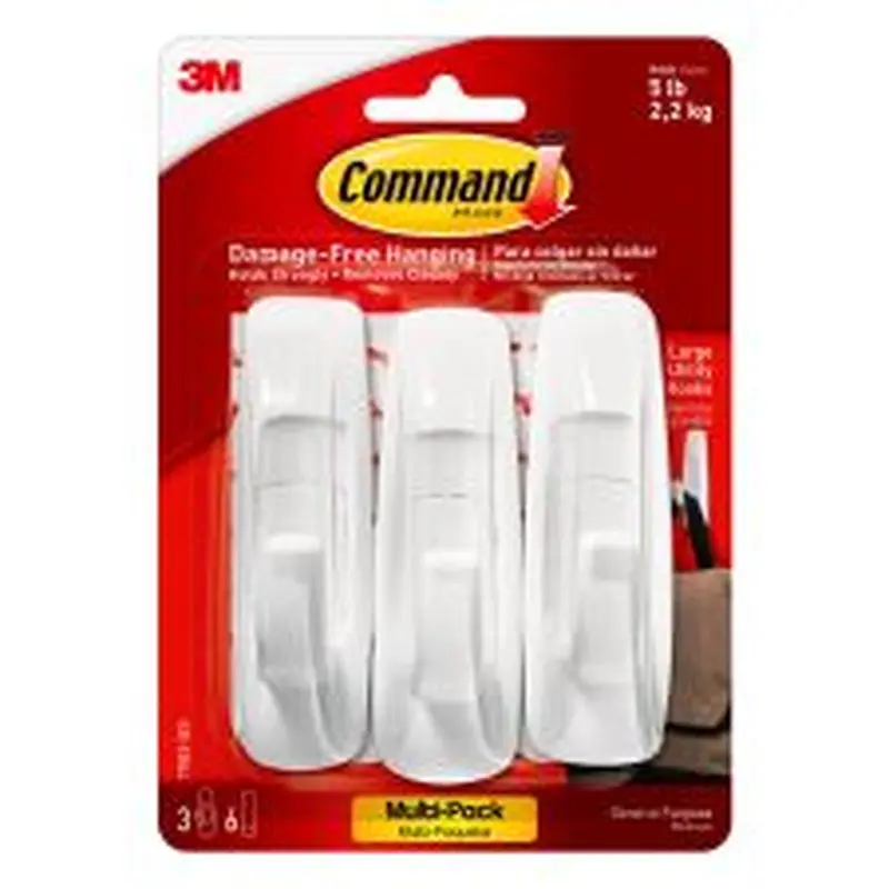 Command Large Utility Hooks, 3 Hooks, 6 White Adhesive Strips, Damage Free Hanging Picture Hangers, No Tools Wall Hanging Strips For Living Spaces