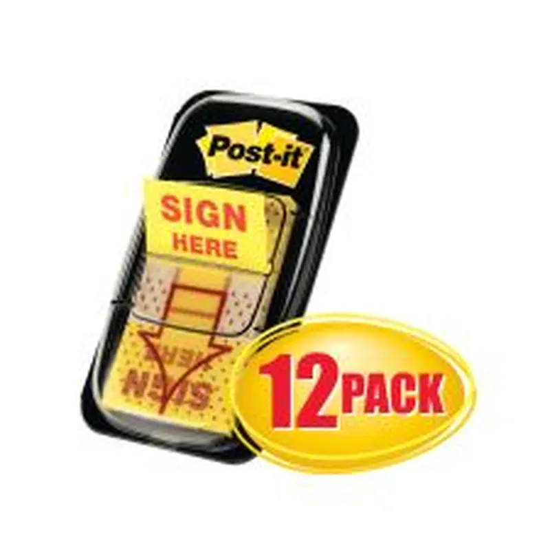 Post-it Flags, 1 in. x 1.7 in., 12 Dispensers, 50 Flags/Dispenser, Yellow, Printed "Sign Here", Back to School Supplies - 680SH12