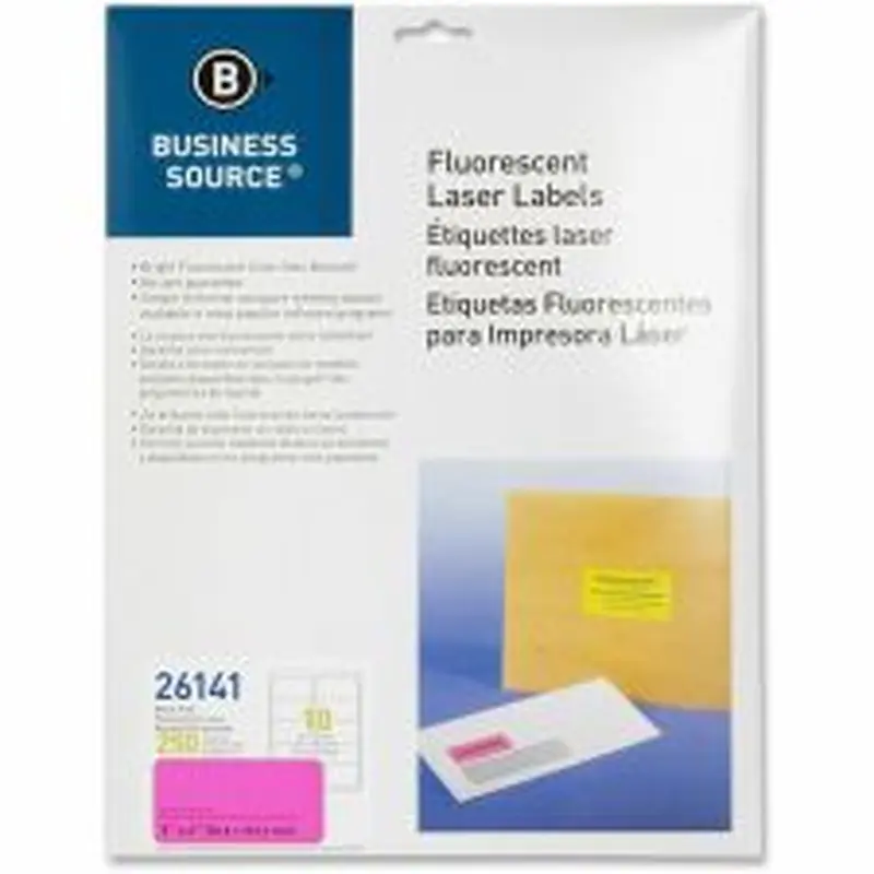 Business Source Neon Labels - 2"x 4" - Permanent Adhesive - Rectangle - Laser - Neon Pink - 10 / Sheet - Jam-free, Pressure Sensitive - 250 / Pack