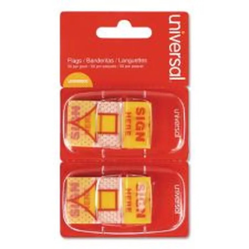 Universal Arrow Page Flags, "Sign Here", Yellow/Red, 50 Flags/Dispenser, 2 Dispensers/Pack