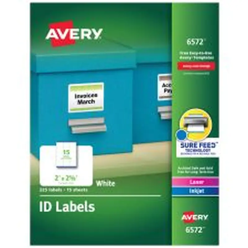 Avery Permanent ID Labels With Sure Feed Technology, 6572, Rectangle, 2" x 2-5/8", White, Pack Of 225 Labels