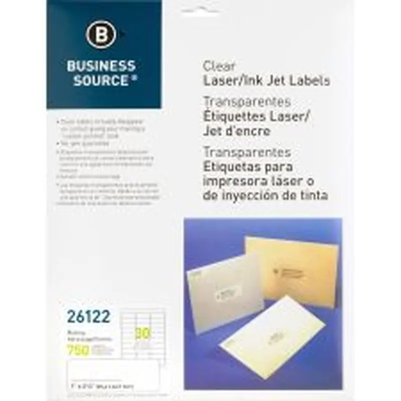 Business Source Mailing Address Labels - 1"x 2 3/4" - Permanent Adhesive - Rectangle - Laser - Clear - 30 / Sheet - Self-adhesive - 750 / Pack