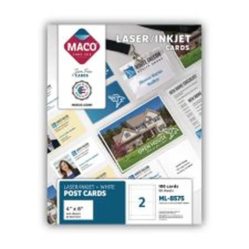 MACO Unruled Microperforated Laser/Inkjet Post Cards, 4 x 6, White, 100 Cards, 2 Cards/Sheet, 50 Sheets/Box