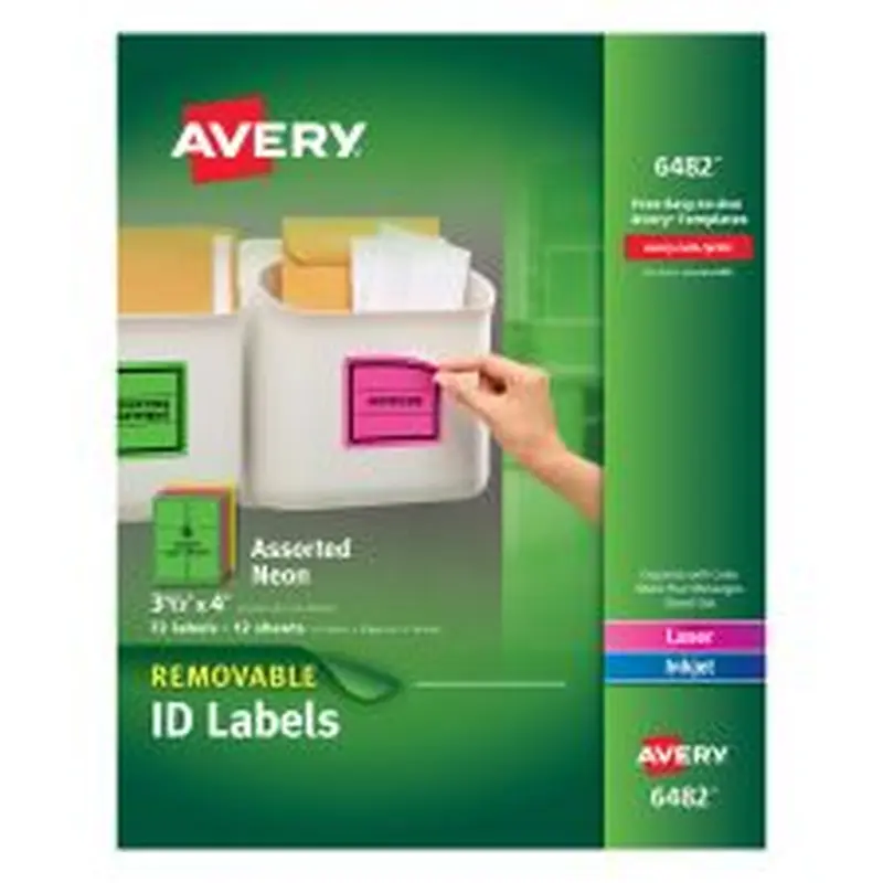 Avery Removable Laser/Inkjet Organization Labels, AVE6482, 3 1/3" x 4", Assorted Colors, Pack Of 72