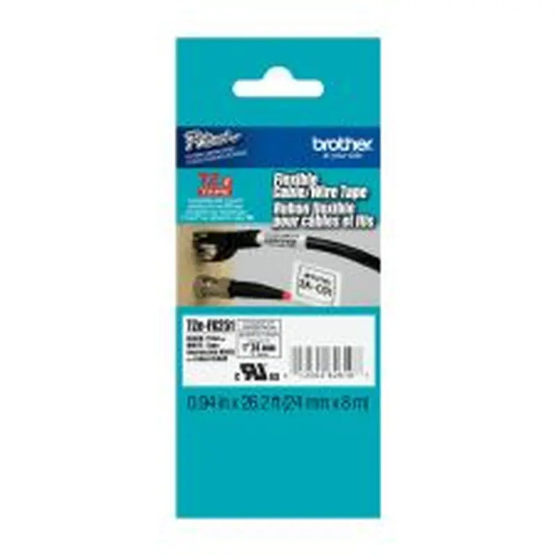 Brother TZ Flexible Label Tape, TZE-FX251, 0.94" x 26.2', Black Print/White Label