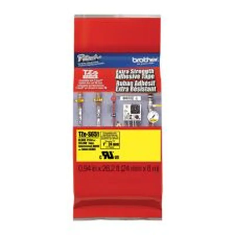 P-touch TZe Extra-Strength Adhesive Tape - 15/16"- Thermal Transfer - Black, Yellow - Polyethylene - Water Resistant - TZES651