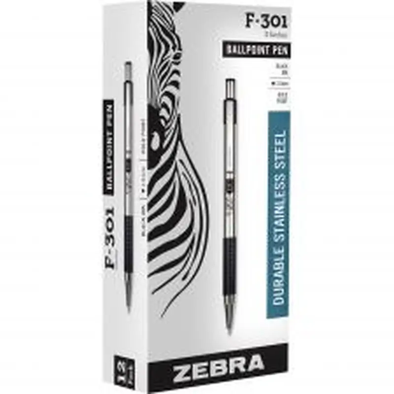 Zebra F-301 Ballpoint Pen, Retractable, Bold 1.6 mm, Black Ink, Stainless Steel/Black Barrel, 12/Pack