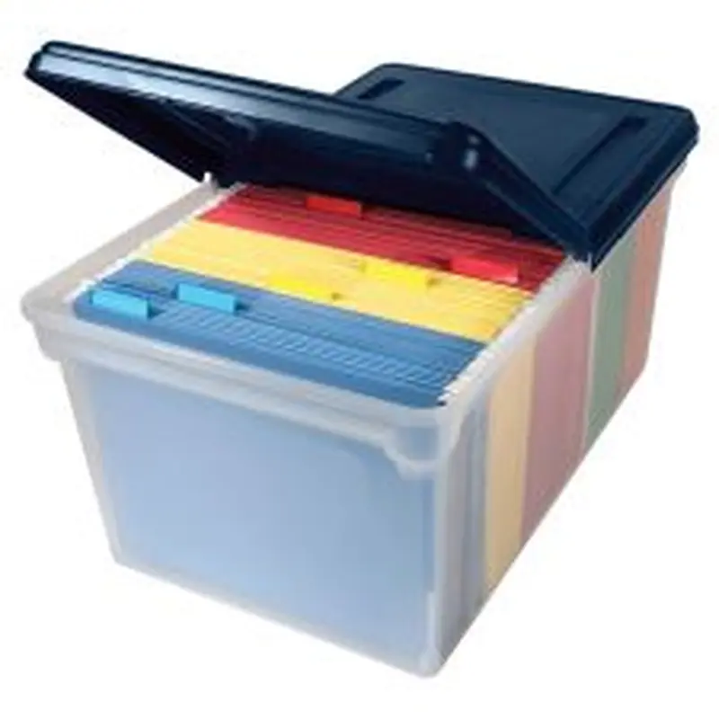 Advantus Extra Capacity Storage File Tote With Lid, Letter Size, 10 13/16" x 23" x 14 1/8", Clear/Navy