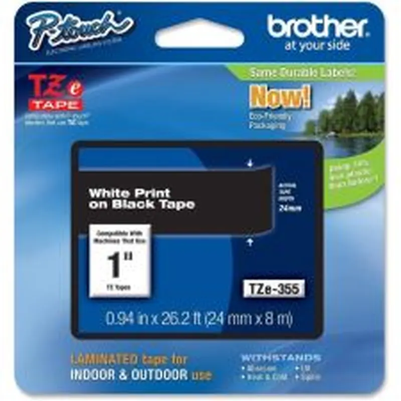 Brother TZE-355 Label Tape, 1" x 26 1/4', White On Black