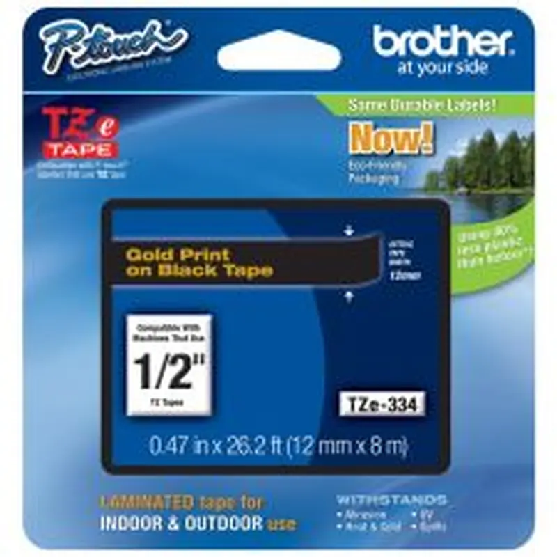 Brother TZE334 Label Tape, 1/2", Black/Gold