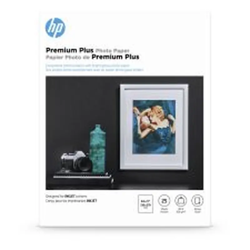 HP Premium Plus Photo Paper for Inkjet Printers, Glossy, Letter Size (8 1/2" x 11"), 80 Lb., Pack Of 25 Sheets (CR670A)