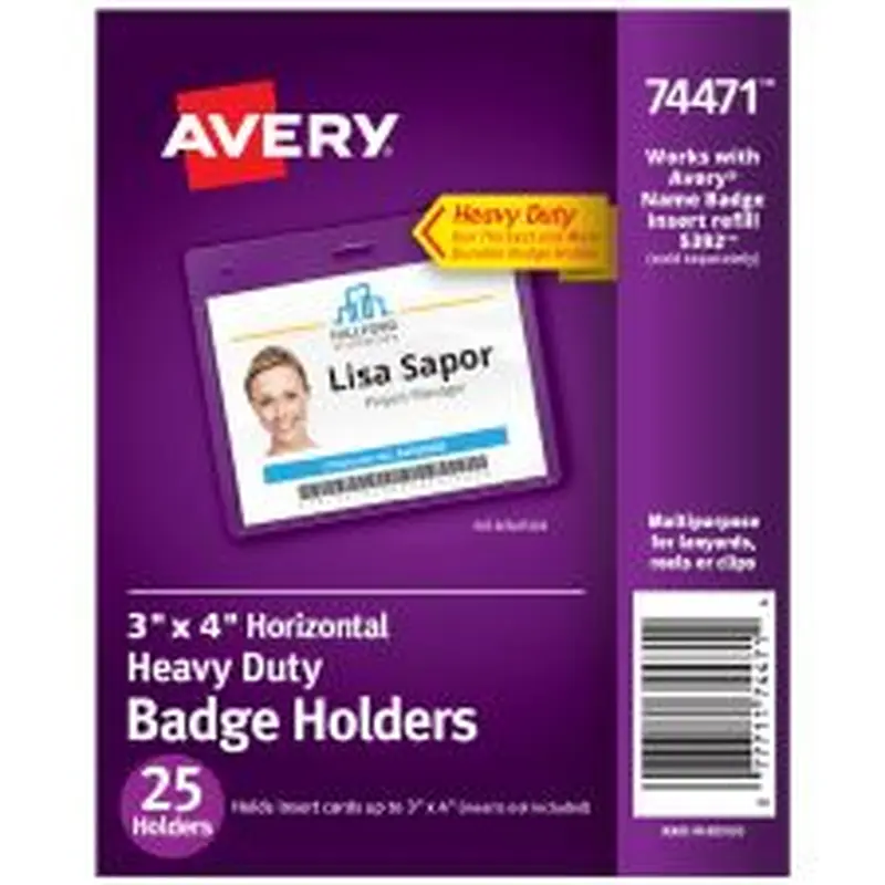 Avery(R) Heavy Duty Badge Holders, 3" x 4" , 25 Horizontal ID Badge Holders (74471)