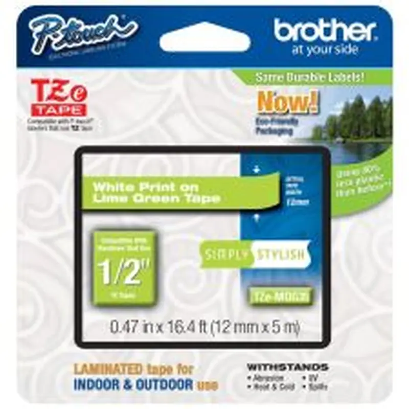 Brother TZe-MQG35 White-On-Lime Green Tape, 0.5" x 196.8"