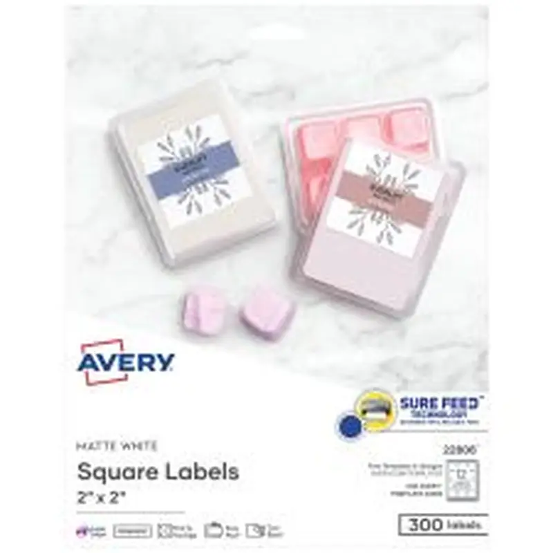 Avery Easy Peel TrueBlock Print-To-The-Edge Inkjet/Laser Labels, Square, 22806, 2" x 2", Matte White, Pack Of 300