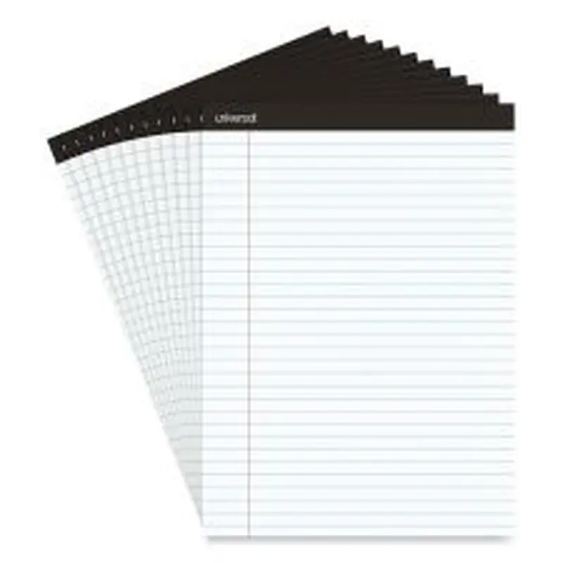 Universal Premium Ruled Writing Pads with Heavy-Duty Back, Wide/Legal Rule, Black Headband, 50 White 8.5 x 11 Sheets, 12/Pack