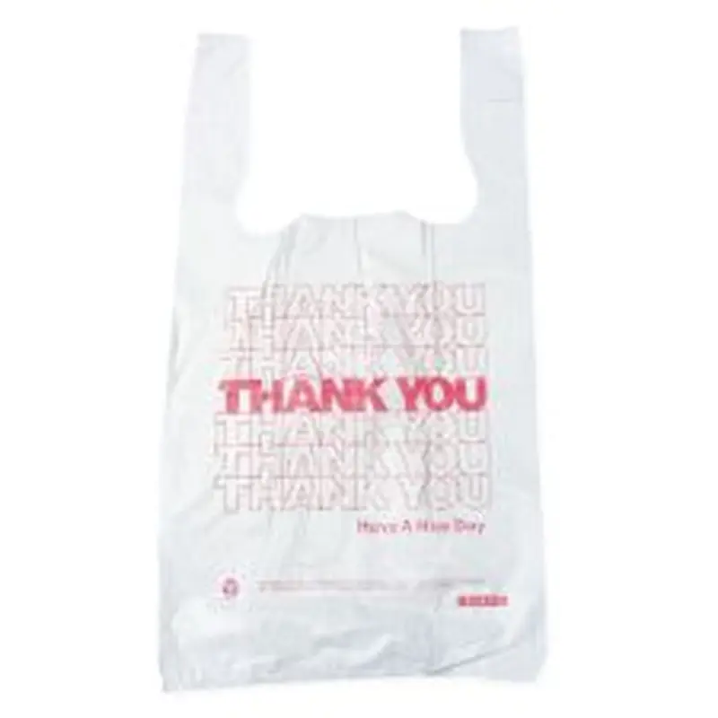 Barnes Paper Company Plastic Thank-You T-Sack, Thank You - Have a Nice Day Labeling, Cut-Out Handles, 4" x 6" x 15", White/Red, 2,000/Carton