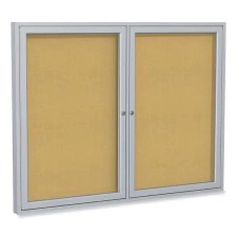Ghent 2 Door Enclosed Natural Cork Bulletin Board with Satin Frame, 48" x 36", Tan Surface, Satin Aluminum Frame