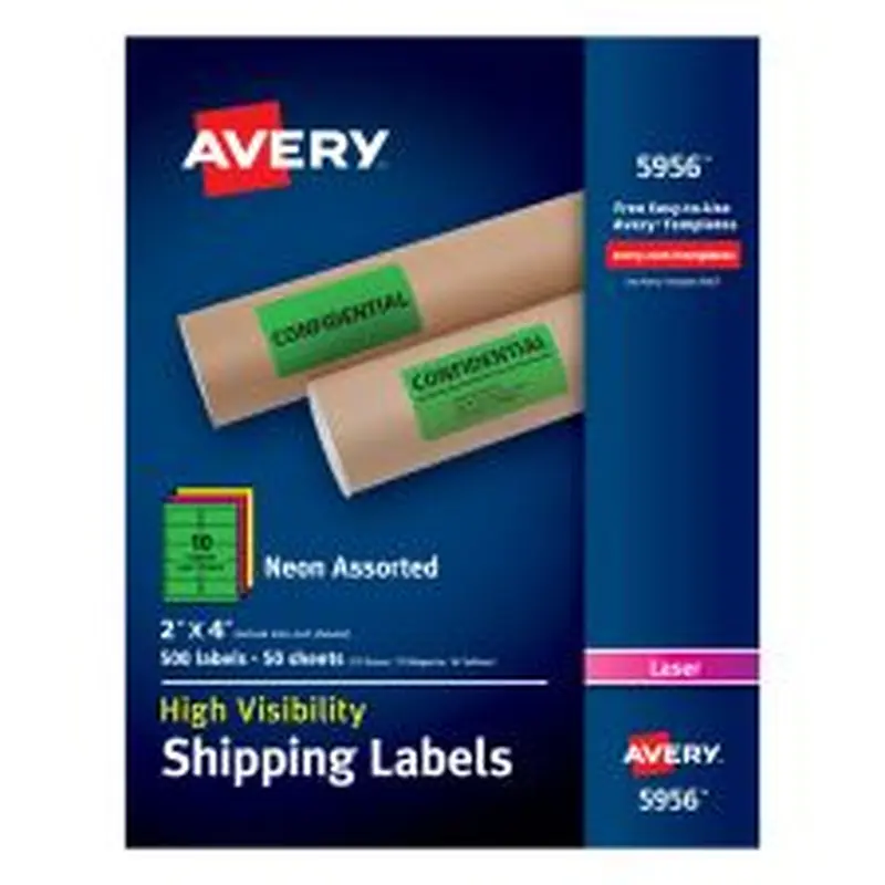Avery High-Visibility Permanent Shipping Labels, 5956, 2" x 4", Assorted Colors, Pack Of 500