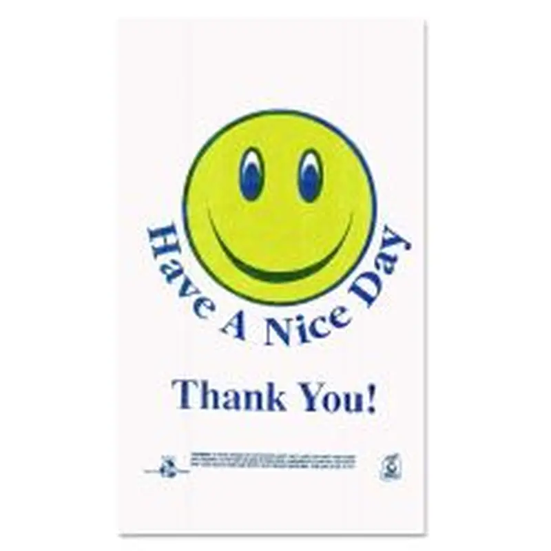 Barnes Paper Company Smiley Face Shopping Bags, Thank You - Have a Nice Day Labeling, Cut-Out Handles, 11.5" x 6.5" x 21", White/Red, 900/Carton