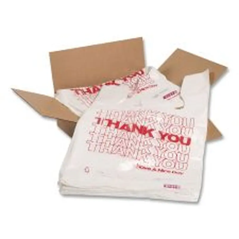 Barnes Paper Company Thank You High-Density Shopping Bags, Have a Nice Day Labeling, Cut-Out Handles, 8" x 4" x 16", White/Red, 2,000/Carton