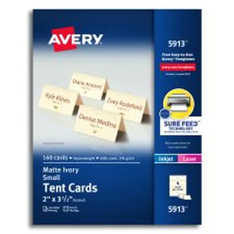 Avery Printable Small Tent Cards With Sure Feed Technology, For Laser Or Inkjet Printers, 2" x 3.5", Ivory, 160 Blank Place Cards