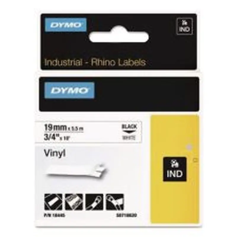 DYMO Rhino Permanent Vinyl Industrial Label Tape, 0.75" x 18 ft, White/Black Print