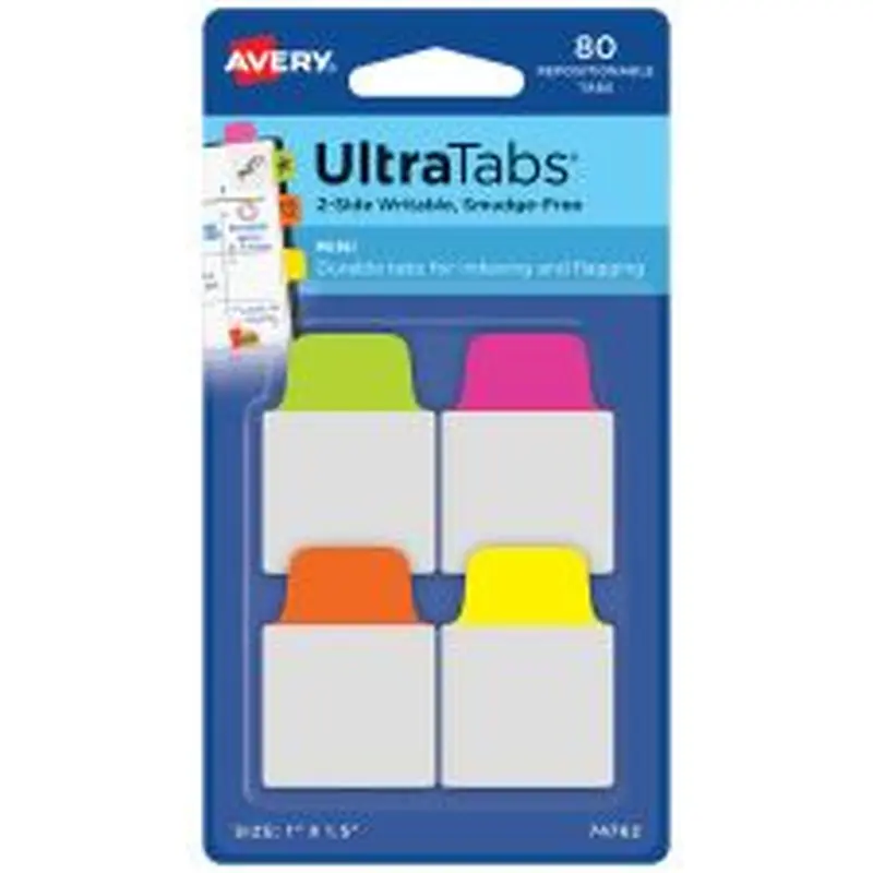 Avery Mini Ultra Tabs, 1" x 1.5", Assorted Neon, Set Of 80 Repositionable Tabs