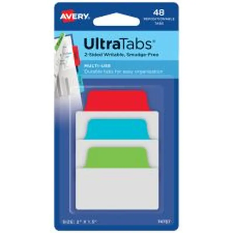 Avery Multiuse Ultra Tabs, 2-Side Writable, 2" x 1.5", Red/Blue/Green, Pack Of 48 Repositionable Tabs