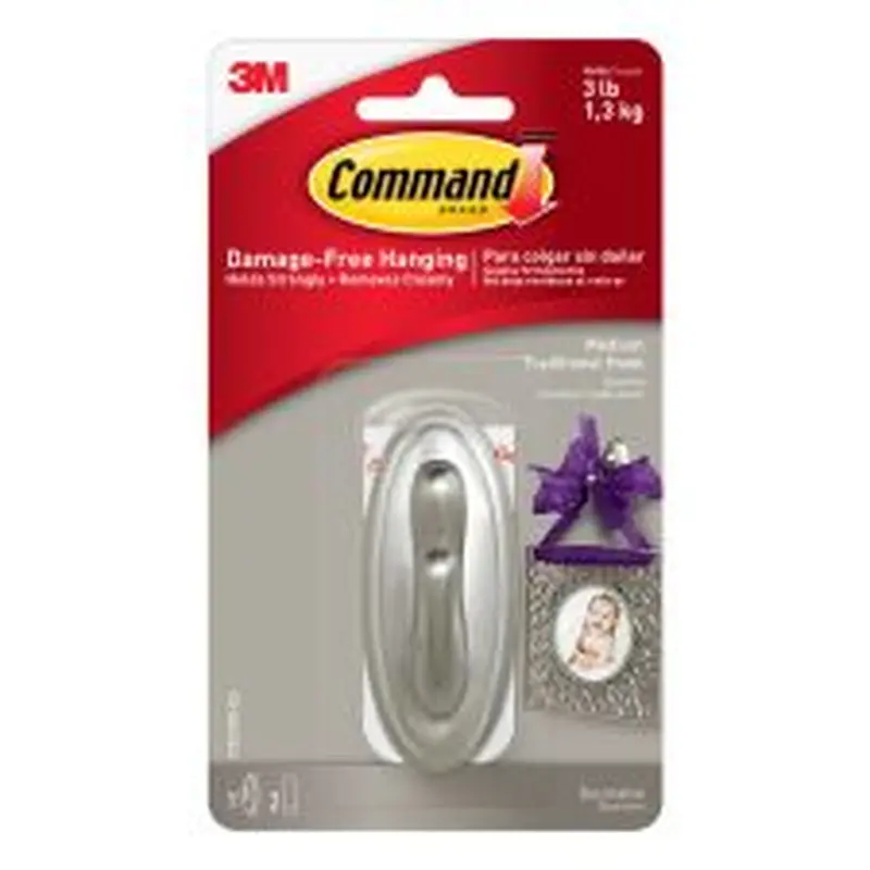 Command Damage-Free Removable Metal Hook, Traditional, Medium, 3 Lb, Brushed Nickel