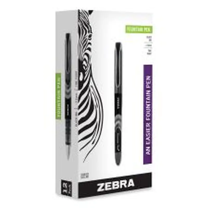 Zebra Fountain Pen, Fine 0.6 mm, Black Ink, Black/Gray Barrel, 12/Pack
