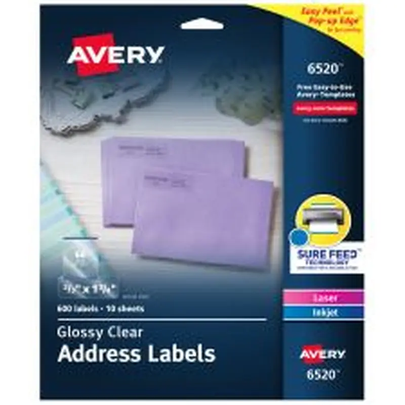 Avery Glossy Address Labels With Sure Feed Technology, 6520, Rectangle, 2/3" x 1-3/4", Clear, Pack Of 600