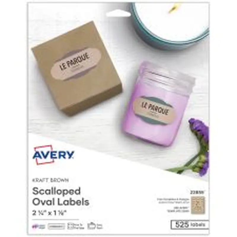 Avery Print-to-the-Edge Labels, 22855, Oval With Scallop Edge, 1-1/8" x 2-1/4", Kraft Brown, Pack Of 525 Labels