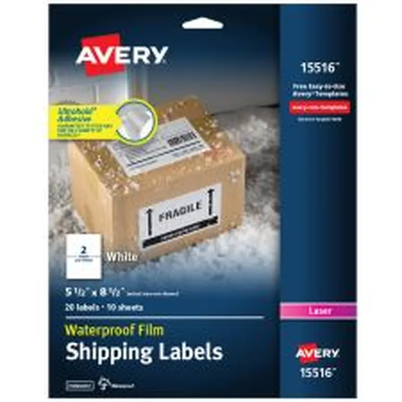 Avery Waterproof Shipping Labels With Ultrahold, 15516, Rectangle, 5-1/2" x 8-1/2", White, 20 Labels For Laser Printers