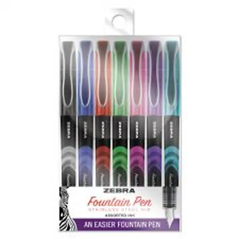 Zebra Fountain Pen, Fine 0.6 mm, Assorted Ink and Barrel Colors, 7/Pack