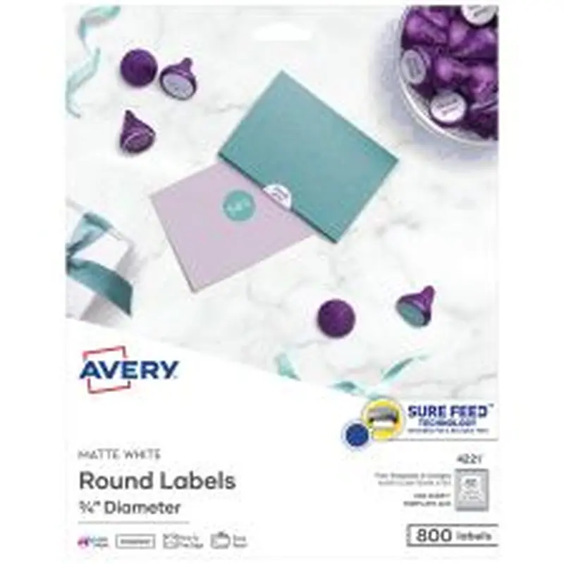 Avery Printable Labels With Sure Feed, 4221, Round, 3/4" Diameter, White, Pack Of 800