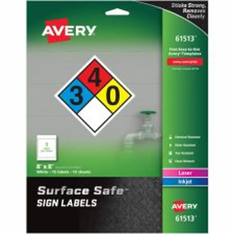 Avery Surface Safe Sign Labels, 8" x 8", Square, Pack Of 15